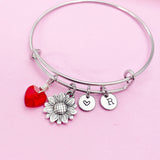 Red Heart Sunflower Charm Bracelet in Silver, Heart Birthstone Color in Option, N5588