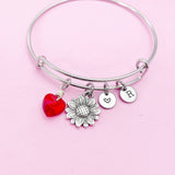 Red Heart Sunflower Charm Bracelet in Silver, Heart Birthstone Color in Option, N5588