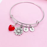 Red Heart Sunflower Charm Bracelet in Silver, Heart Birthstone Color in Option, N5588