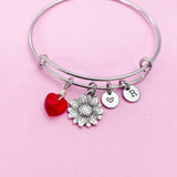 Red Heart Sunflower Charm Bracelet in Silver, Heart Birthstone Color in Option, N5588