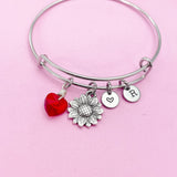 Red Heart Sunflower Charm Bracelet in Silver, Heart Birthstone Color in Option, N5588