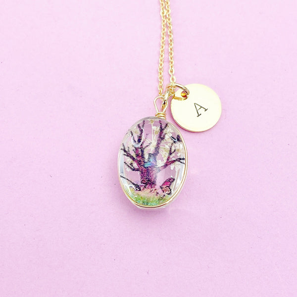 Tree Charm Necklace, Gold Pressed Flower Necklace, N2350