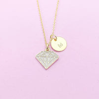 Gold Diamond Charm Necklace, Gold Diamond Shaped Charm, Pink Rose Diamond Charm, Geometric Jewelry, Personalized Gift, Christmas Gift, N606