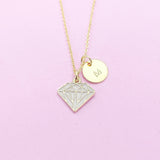 Gold Diamond Charm Necklace, Gold Diamond Shaped Charm, Pink Rose Diamond Charm, Geometric Jewelry, Personalized Gift, Christmas Gift, N606