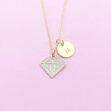 Gold Diamond Charm Necklace, Initial Charm, Geometric Jewelry