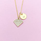 Gold Diamond Charm Necklace, Gold Diamond Shaped Charm, Pink Rose Diamond Charm, Geometric Jewelry, Personalized Gift, Christmas Gift, N606