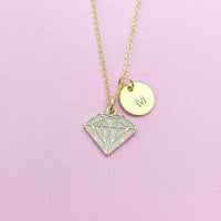 Gold Diamond Charm Necklace, Gold Diamond Shaped Charm, Pink Rose Diamond Charm, Geometric Jewelry, Personalized Gift, Christmas Gift, N606