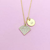 Gold Diamond Charm Necklace, Gold Diamond Shaped Charm, Pink Rose Diamond Charm, Geometric Jewelry, Personalized Gift, Christmas Gift, N606