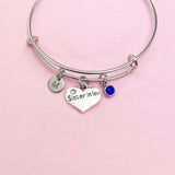 Sister in Law Heart Charm Bracelet, Initial, Birthstone