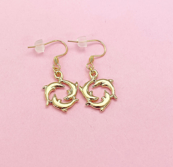 Gold Three Dolphin Charm Earrings, AN148(N2777)