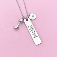 Strong is Beautiful Dumbbell Necklace in Stainless Silver Steel, Water Resistant, AD451