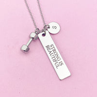 Strong is Beautiful Dumbbell Necklace in Stainless Silver Steel, Water Resistant, AD451