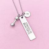 Strong is Beautiful Dumbbell Necklace in Stainless Silver Steel, Water Resistant, AD451