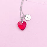 Red Garnet Heart Necklace, Initial Charm, Stainless Steel