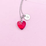 Red Garnet Heart Necklace, Initial Charm, Stainless Steel
