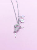 Silver Ballet Dancer Necklace, Opalite, Initial Charm