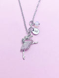 Silver Ballet Dancer Necklace, Opalite, Initial Charm