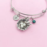 Bird Nest Charm Bangle Bracelet, Initial Charm, Stainless Steel