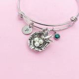Bird Nest Charm Bangle Bracelet, Initial Charm, Stainless Steel