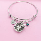 Bird Nest Charm Bangle Bracelet, Initial Charm, Stainless Steel