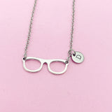 Eyeglasses Charm Necklace, Initial Stainless Steel Chain, Bookworm Gift, N1413F