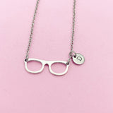 Eyeglasses Charm Necklace, Initial Stainless Steel Chain, Bookworm Gift, N1413F