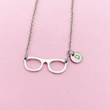 Eyeglasses Charm Necklace, Initial Stainless Steel Chain, Bookworm Gift, N1413F