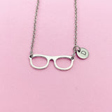 Eyeglasses Charm Necklace, Initial Stainless Steel Chain, Bookworm Gift, N1413F