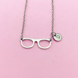 Eyeglasses Charm Necklace, Initial Stainless Steel Chain, Bookworm Gift, N1413F