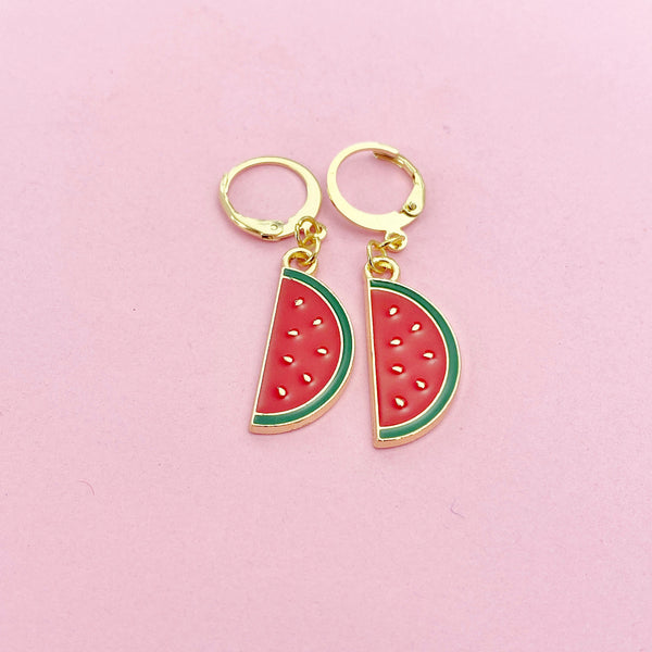 Red Green Watermelon Earrings, Gold Earrings, N2970