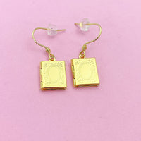 Book Locket Earrings in Gold Silver Bronze and Rose Gold in Option, Cute Book Locket Dangle Earrings, AN3246