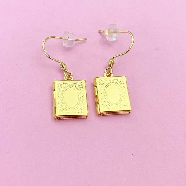 Book Locket Earrings in Gold Silver Bronze and Rose Gold in Option, Cute Book Locket Dangle Earrings, AN3246