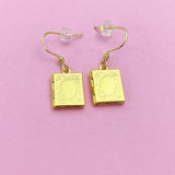 Book Locket Earrings in Gold Silver Bronze and Rose Gold in Option, Cute Book Locket Dangle Earrings, AN3246