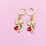 Gold Flower Ladybug Dangle Earrings, Enamel Charms