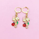 Gold Flower with Red Ladybug Charm Earrings, Pink White Green Flower with Red Ladybug Charm, N2693