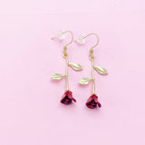 Gold Red Rose Dangle Earrings, Floral Jewelry