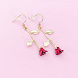 Gold Red Rose Dangle Earrings, Floral Jewelry