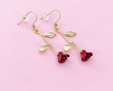 Gold Red Rose Dangle Earrings, Floral Jewelry