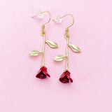 Gold Red Rose Dangle Earrings, Floral Jewelry