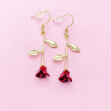 Gold Red Rose Dangle Earrings, Floral Jewelry