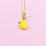 Yellow Duckling Necklace, Initial Charm, Gold Tone Chain