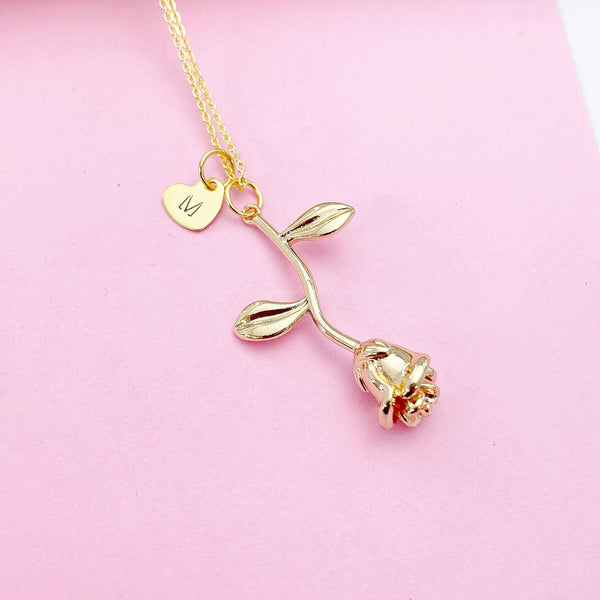 Gold Rose Flower Heart Initial Charm Necklace, N172Y