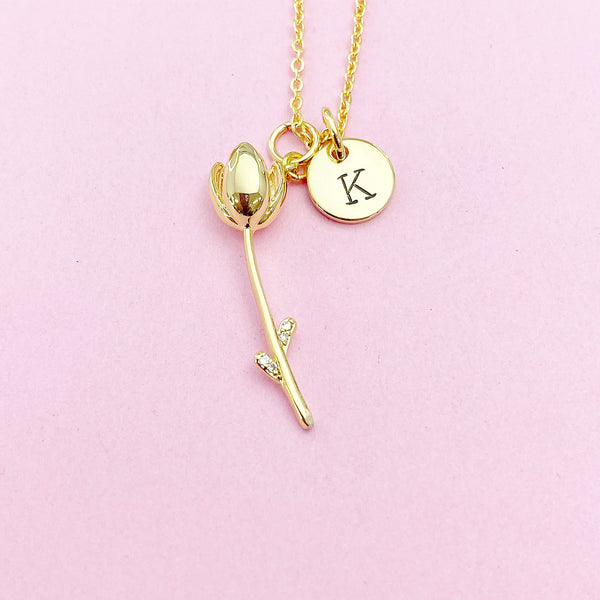 Gold Tulip Charm Necklace, 18K Gold Plated Flower Tulip Charm, N2189