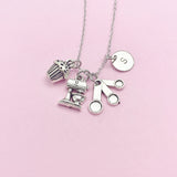 Silver Baker Necklace, Kitchen Mixer Measuring Cup Cupcake Muffin Charm, Personalized Gift, N3619