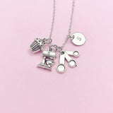 Silver Baker Necklace, Kitchen Mixer Measuring Cup Cupcake Charm, Personalized Gift, N3619