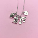 Silver Baker Necklace, Kitchen Mixer Measuring Cup Cupcake Charm, Personalized Gift, N3619