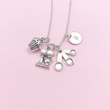 Silver Baker Necklace, Kitchen Mixer Measuring Cup Cupcake Charm, Personalized Gift, N3619