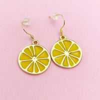 Gold Lemon Charm Earrings, Yellow Lemon Slice Earrings, Orange Slice Charm Earrings, Fruit Jewelry, AN3200