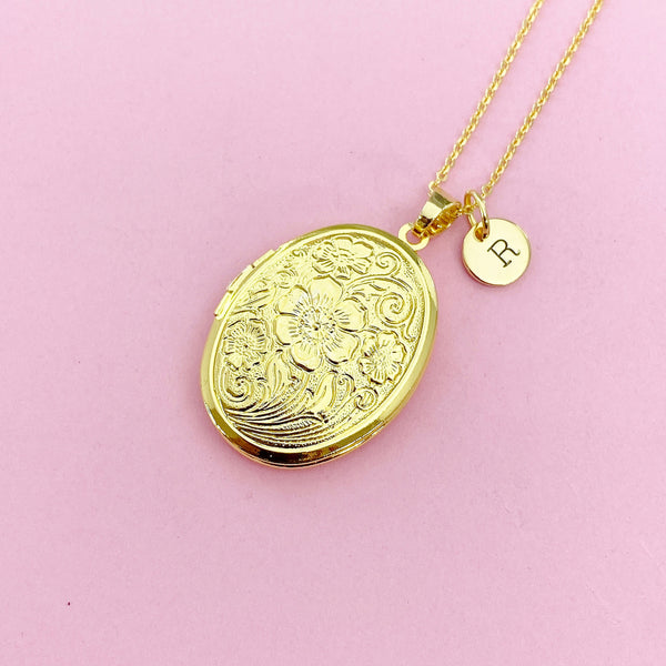 Gold Flower Locket Necklace, Love, Keepsake Photo Frame, N4053