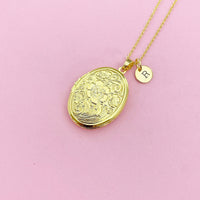 Gold Flower Locket Necklace, Love, Keepsake Photo Frame, N4053